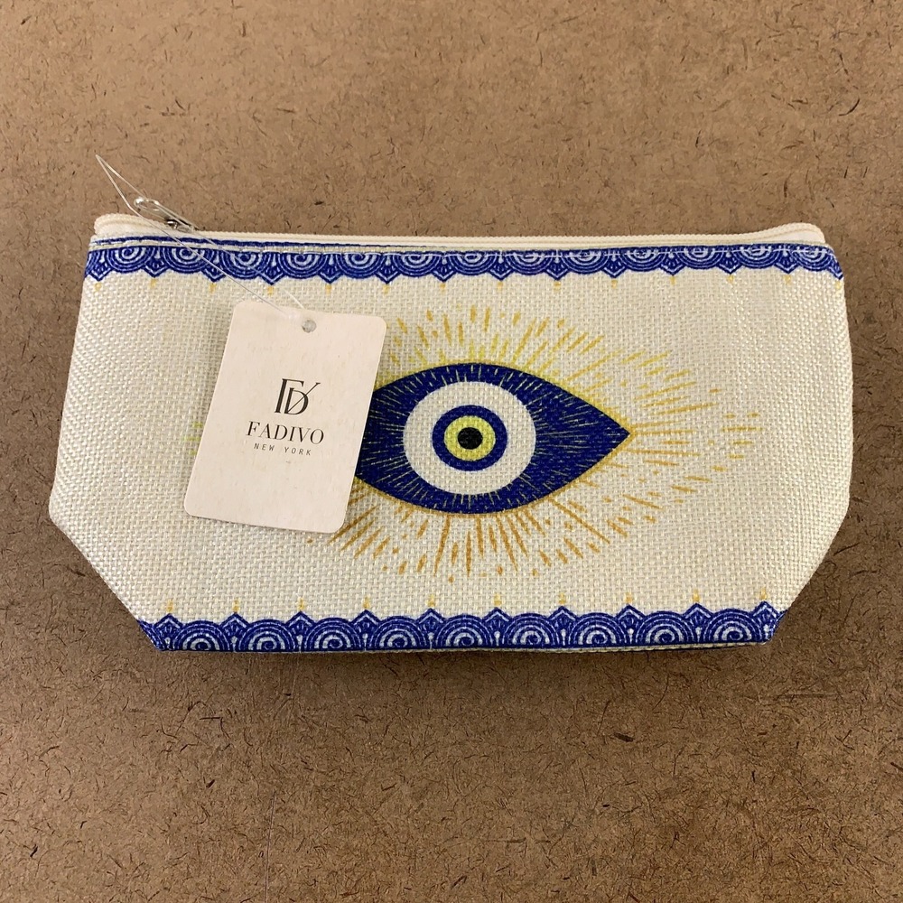 FADIVO New York Women's Small Beige Blue Eye Printed Zipper Pouch NWT
